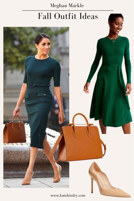 Meghan Markle fall outfit inspiration - emerald green skirt and top with cognac bag and nude pumps

#LTKitbag #LTKshoecrush #LTKstyletip
