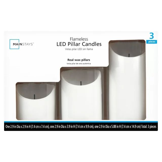 Mainstays Unscented Flameless LED Pillar Candles, White, Various Sizes, 3 Count | Walmart (US)