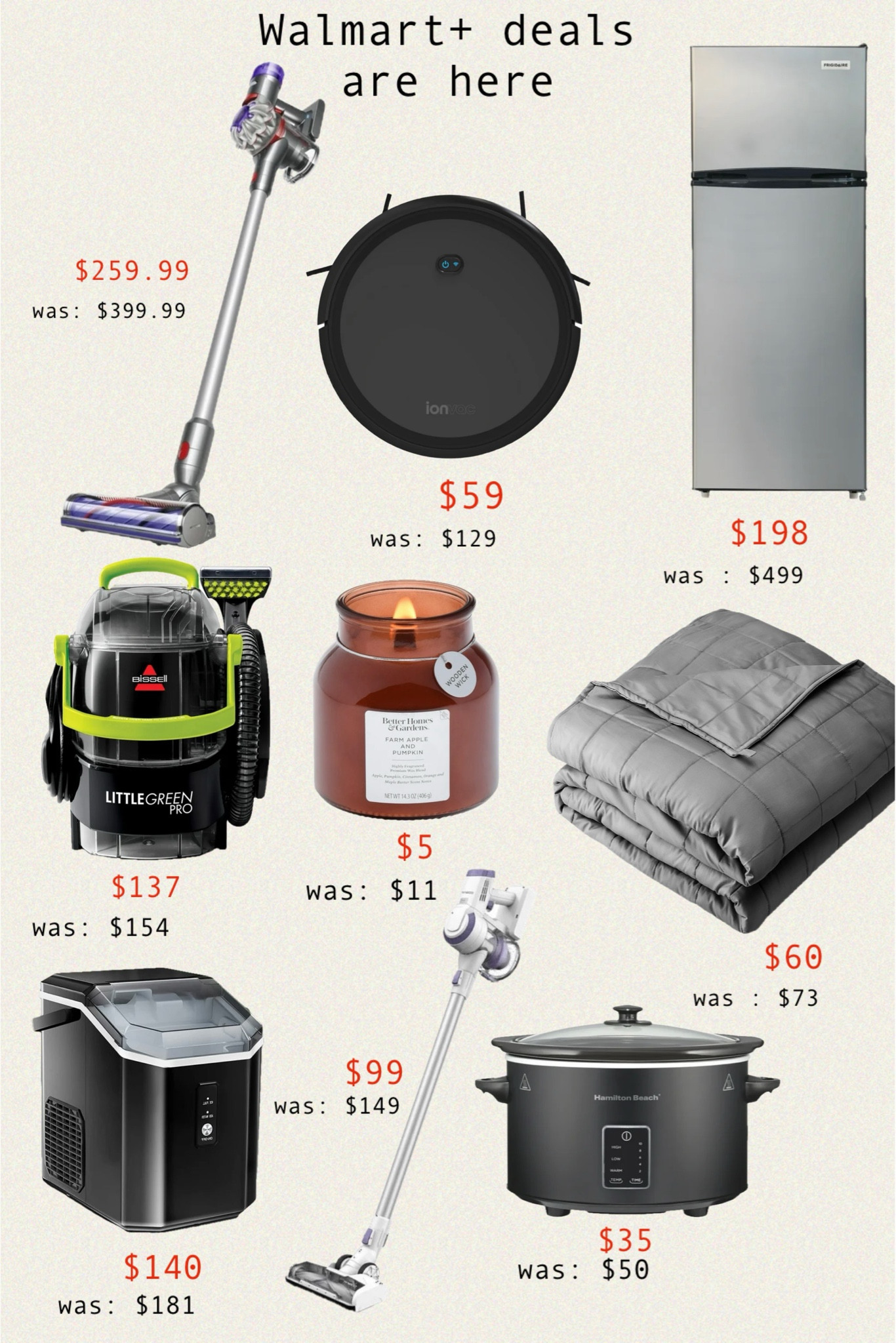 Walmart+ deals are here! If you’re Wlmart member+ you can shop early access now!! Deals on home! Gift ideas for mom | gift ideas for her | chrome gift idea. BISSELL Little Green Pro Portable Carpet Cleaner | Frigidaire, 7.5 Cu. ft.
Refrigerator | Dyson V7 Cordless Vacuum | 
LTKxWalmart

#LTKHome #LTKGiftGuide #LTKxPrimeDay