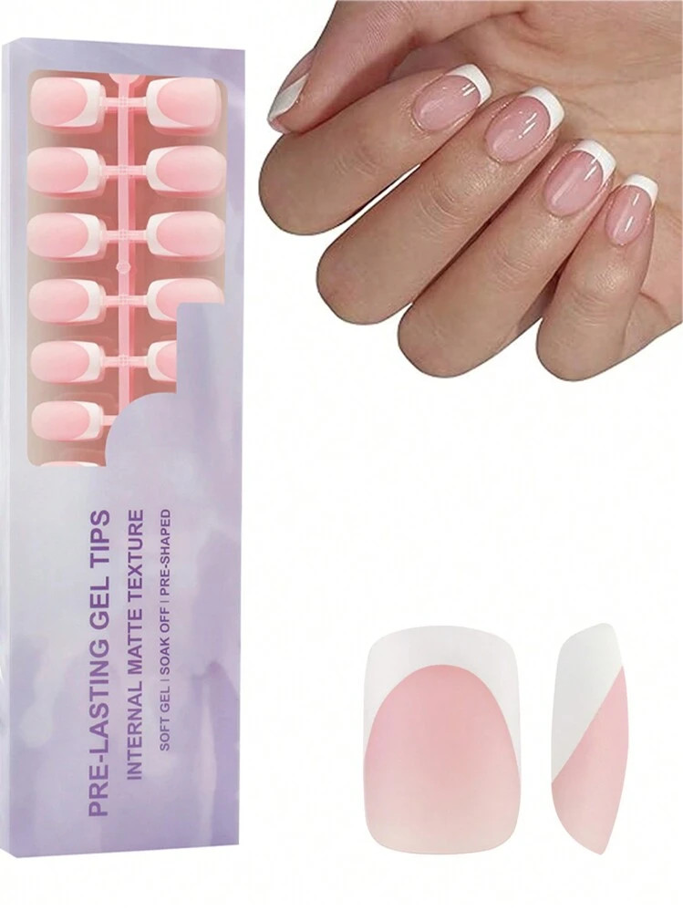 150pcs Short Square & Round Pink & White French Acrylic Nail Tips, 3-In-1 French Manicure Gel Nai... | SHEIN