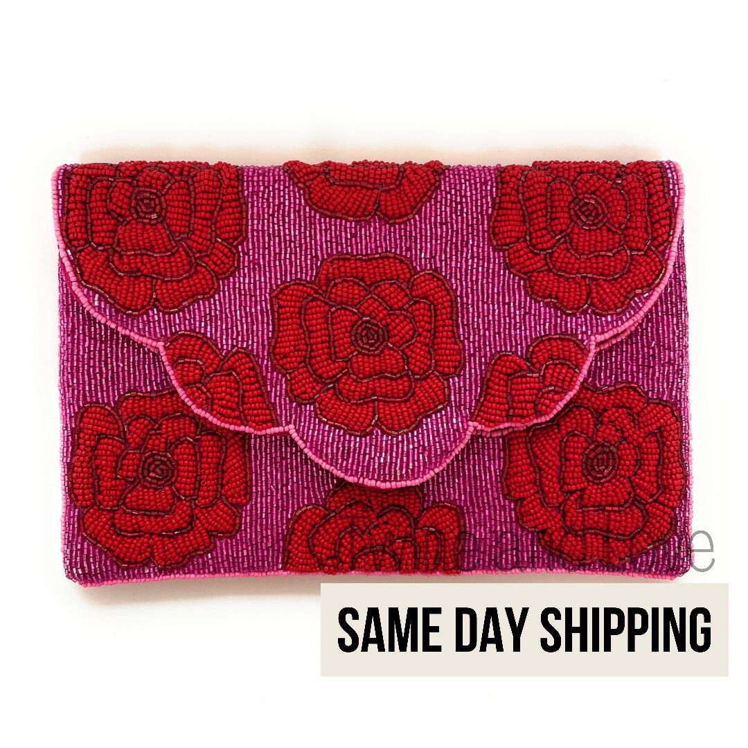 FLORAL Beaded Clutch, Fuchsia Beaded Clutch, Floral Beaded Clutch Purse, Summer Clutch Bag, Party... | Etsy (US)