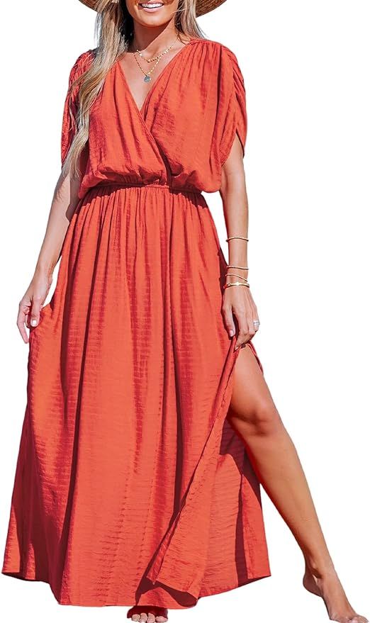 CUPSHE Women Loose Fit Wrap V-Neck Ruched Maxi Dress Summer Short Sleeve Side Slit Beach Dresses | Amazon (US)