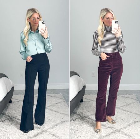 Target workwear for the office or classroom. Satin button up comes in more colors. I have to wear heels with the flare pull on pants, I’m 5’1. Corduroy pants are bootcut style and soft, sizes 00-30. 

#LTKstyletip #LTKfindsunder50 #LTKworkwear