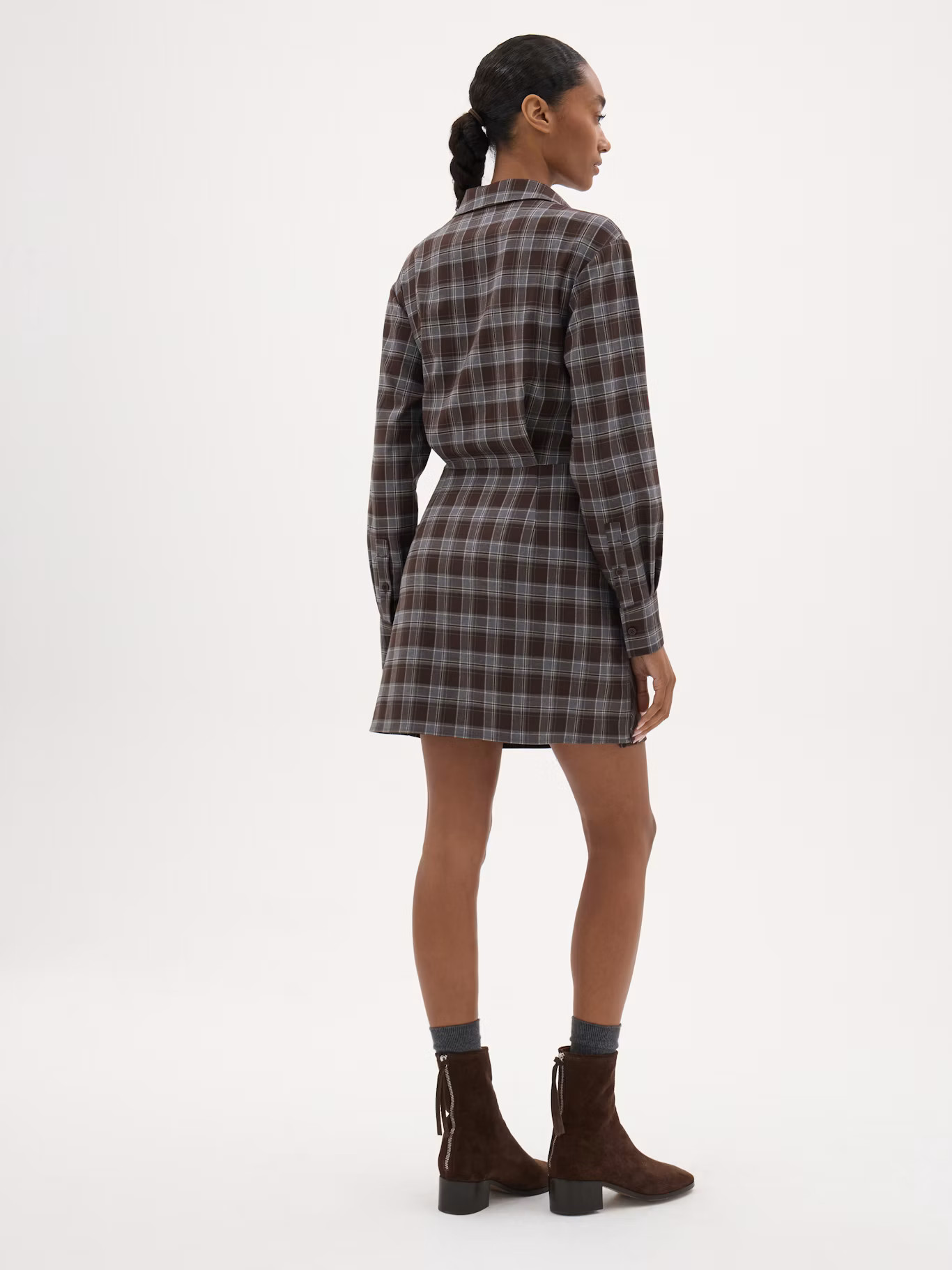 Elaris Wrap Detail Mini Dress | Brown Grey Check | Hush UK
