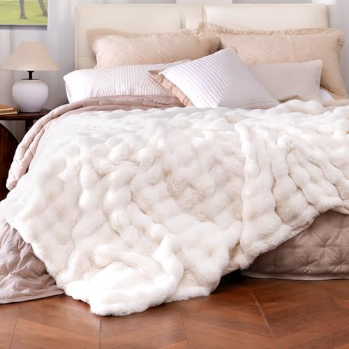 blunique Ultra Soft Cozy Faux Fur Throw Blanket, Fuzzy Plush Thick Bubble Blanket, Oversize Luxury Fluffy Blanket for Couch, Bed, and Living Room, 60x80 Inches, Off White | Amazon (US)