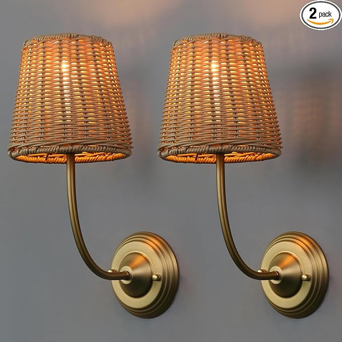 Yosoan Set of 2 Rattan Boho Wrapped Wall Sconce Light, Indoor Hardwired Gold Hand-Woven Farmhouse... | Amazon (US)