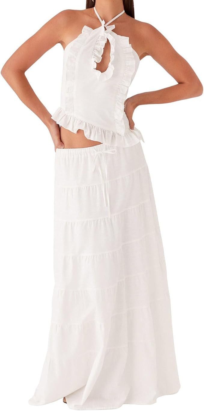 Argeousgor Women Ruffle Maxi Skirt Set Halter Ruched Crop Top Flowy Long Skirt Y2K 2 Piece Outfts... | Amazon (US)