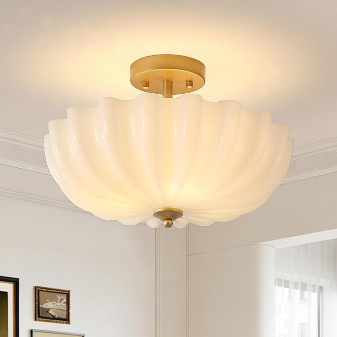 Gold Modern Ceiling Light,15.7" Semi Flush Mount Ceiling Light Fixture with Milky Flower Shade,3-... | Amazon (US)
