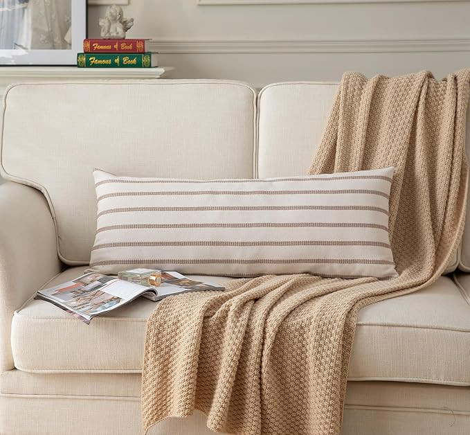 Boho Lumbar Throw Pillow Cover 14X36 Long Soft Farmhouse Decorative Couch Pillow Cases Beige Stri... | Amazon (US)