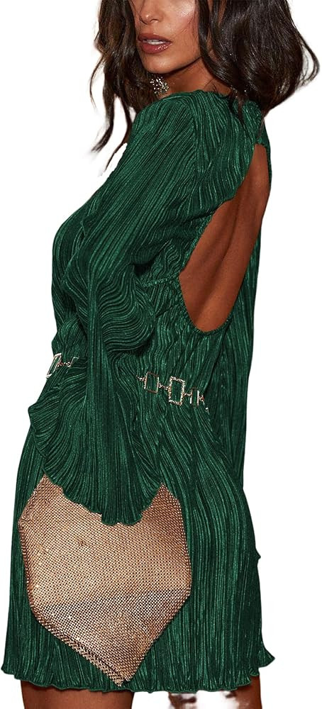 Yanfoam Women's Summer Casual Wedding Guest Dress Long Sleeve Crewneck Pleated Ruffle Flowy Mini ... | Amazon (US)