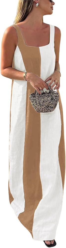CHARTOU Women Summer Sleeveless Linen Dress Contrast Color Maxi Long Beach Vacation Tank Dress | Amazon (US)
