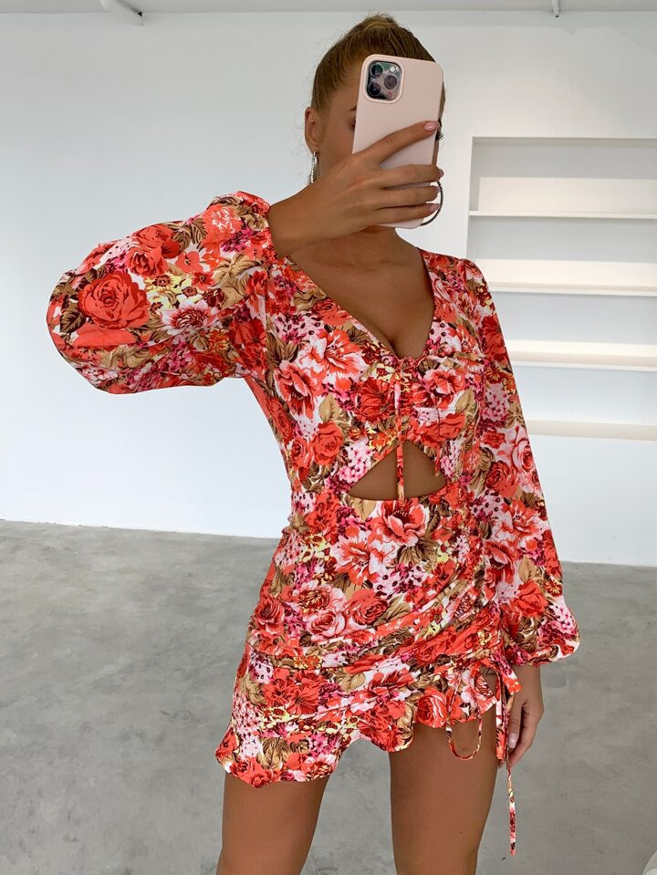 Joyfunear Floral Print Knot Front Cut Out Ruched Ruffle Hem Bodycon Dress | SHEIN USA | SHEIN