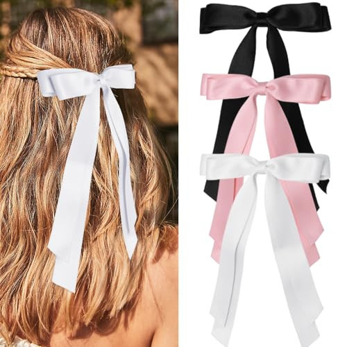 Bmobuo Hair Bows for Women and Girls - Soft Satin Ribbon Bows, Double Layers Clips in Pink, White, and Black | Amazon (US)