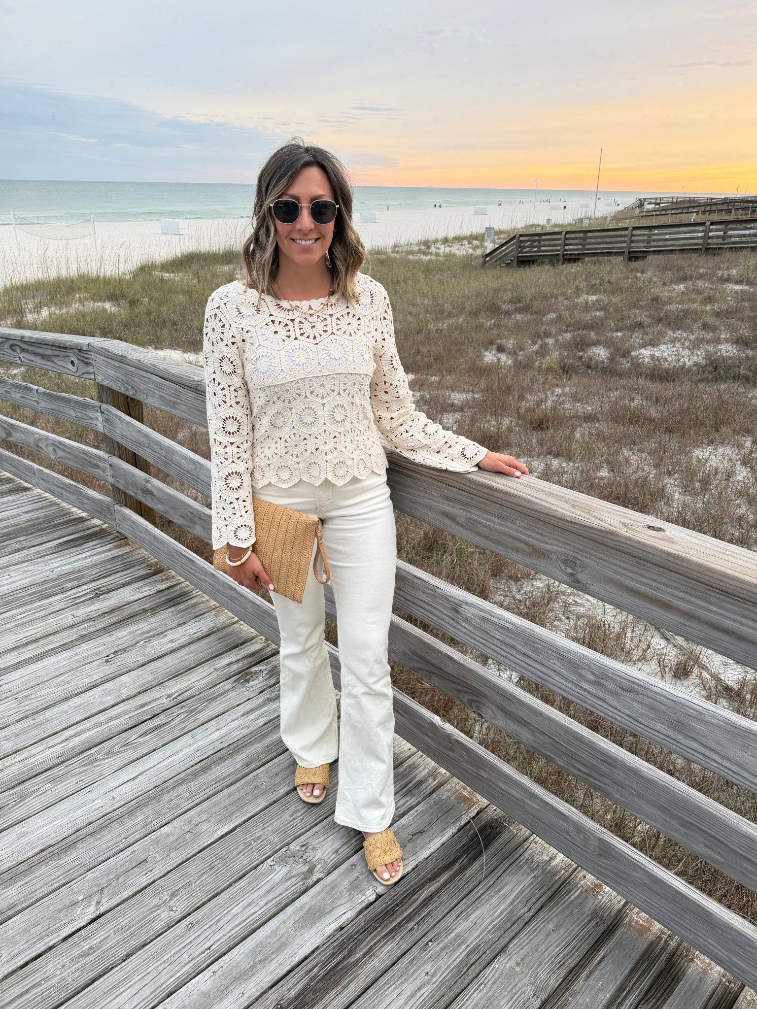 Beachy dinner outfit

Crochet Top | Cream White Pants | Beach Sandals | Beach Purse