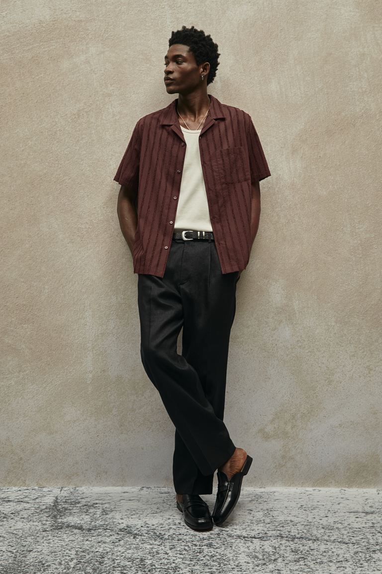 Regular Fit Textured-weave Resort Shirt - Brown - Men | H&M US | H&M (US + CA)