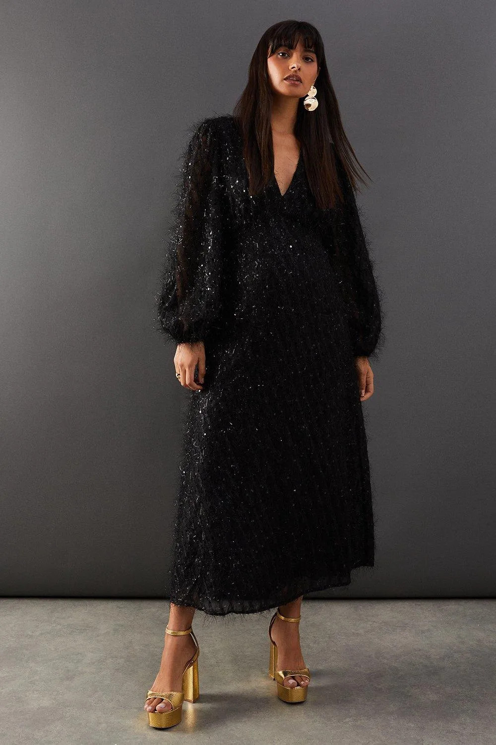 Dresses | Sequin Embellished Fluffy Plunge Neck Midi Dress | Warehouse | Warehouse UK & IE