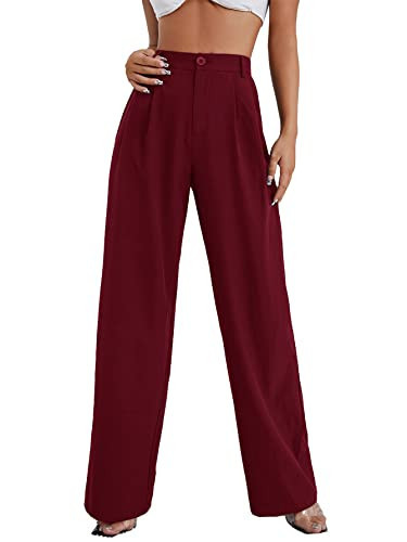 SweatyRocks Women's Casual Wide Leg High Waisted Button Down Straight Long Trousers Pants Burgundy S | Amazon (US)