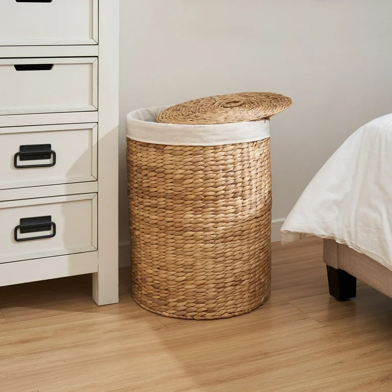 Round Tall Water Hyacinth Woven Wicker Laundry Hamper with Lid - 15" x 15" x 20" - Natural Brown | Walmart (US)