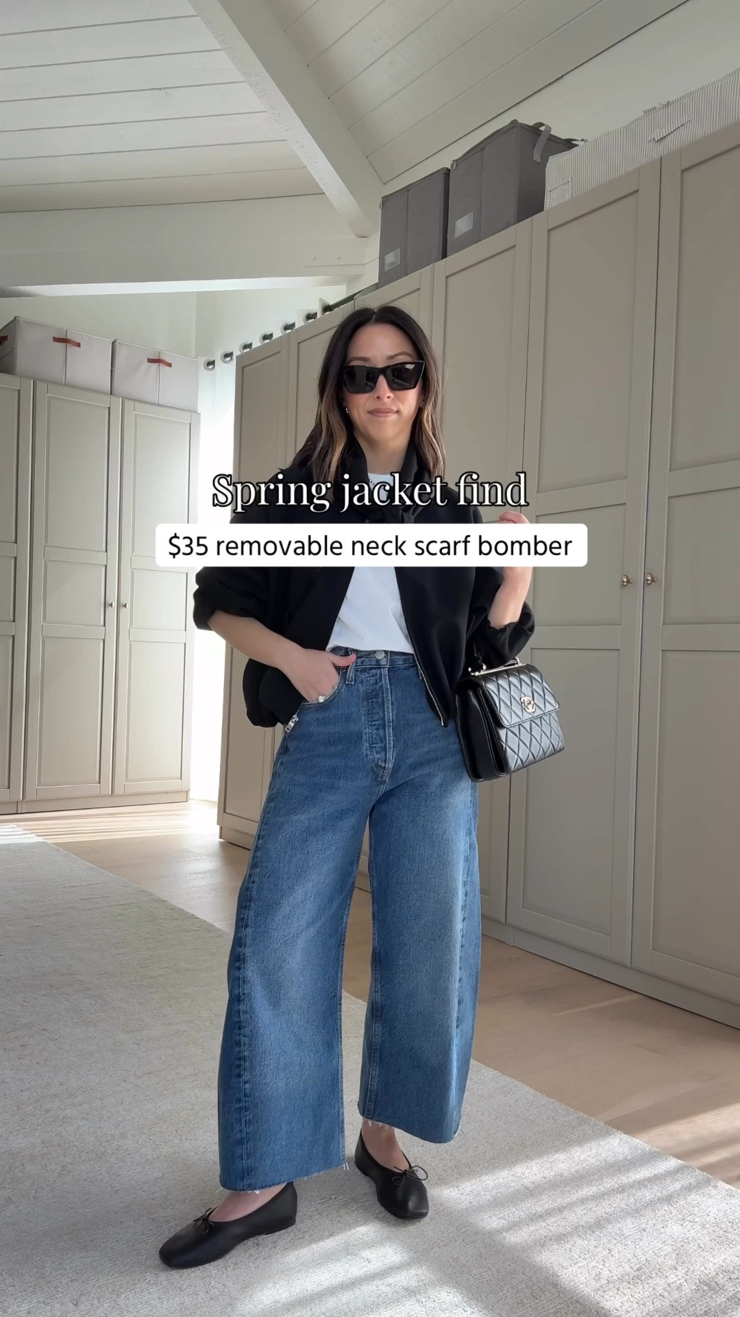 Spring Jackets: Cropped Bomber with Neck Tie. A great color to wear day to night. Neck tie is removal. Currently on sale!

Zara jacket small - could wear the xs
Madewell tee xs
AGOLDE Luna jeans 25 - cut hems
Everlane ballet flats 5
Chanel Treny cc small
YSL sunglasses
Dorsey James necklace 15”
Quince earrings 

Spring style, spring outfits, petite style, spring jackets 

#LTKPetite #LTKootd #LTKSaleAlert