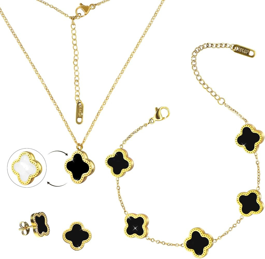 Ayehe Lucky Clover Sets 18K Gold Plated, Double-sided Lucky Clover Bracelet, Earring, Necklace Pe... | Amazon (US)