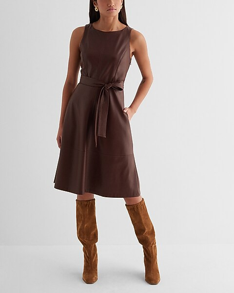 Faux Leather Crew Neck Tie Waist Midi Dress | Express