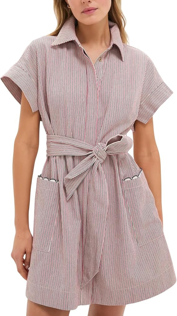 YEXPINE Women's Short Sleeve Striped Mini Shirt Dress Casual Summer Button Down Belted Tunic Dres... | Amazon (US)