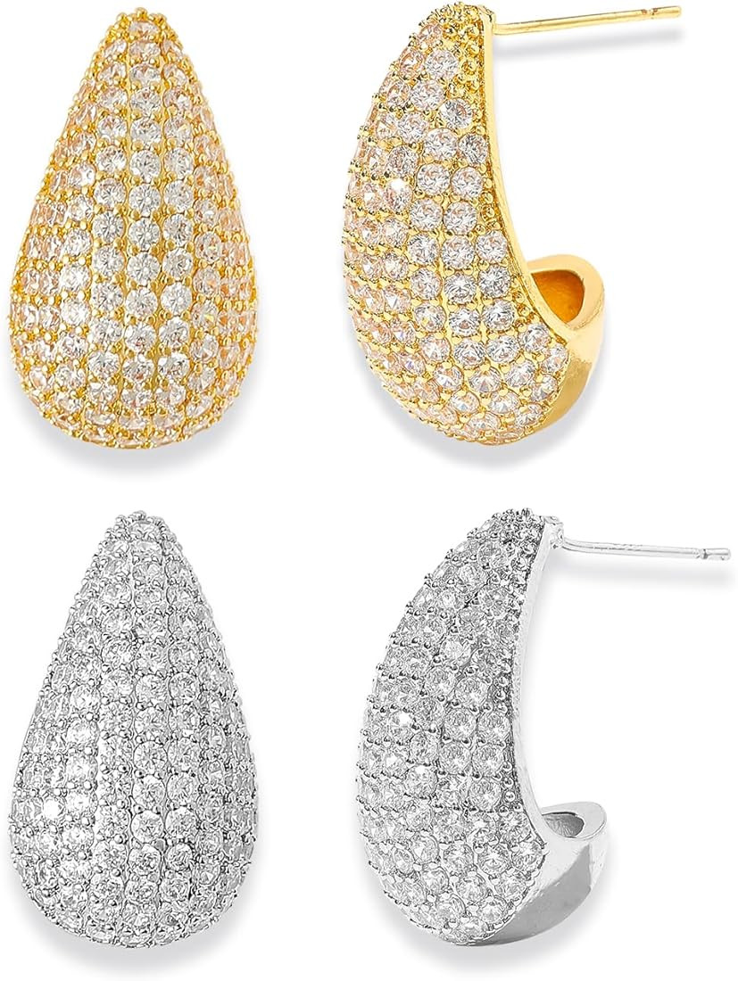 Chunky 14K Gold Plated Hoop Earrings Silver Teardrop Earrings for Women Water Drop Earrings Light... | Amazon (US)