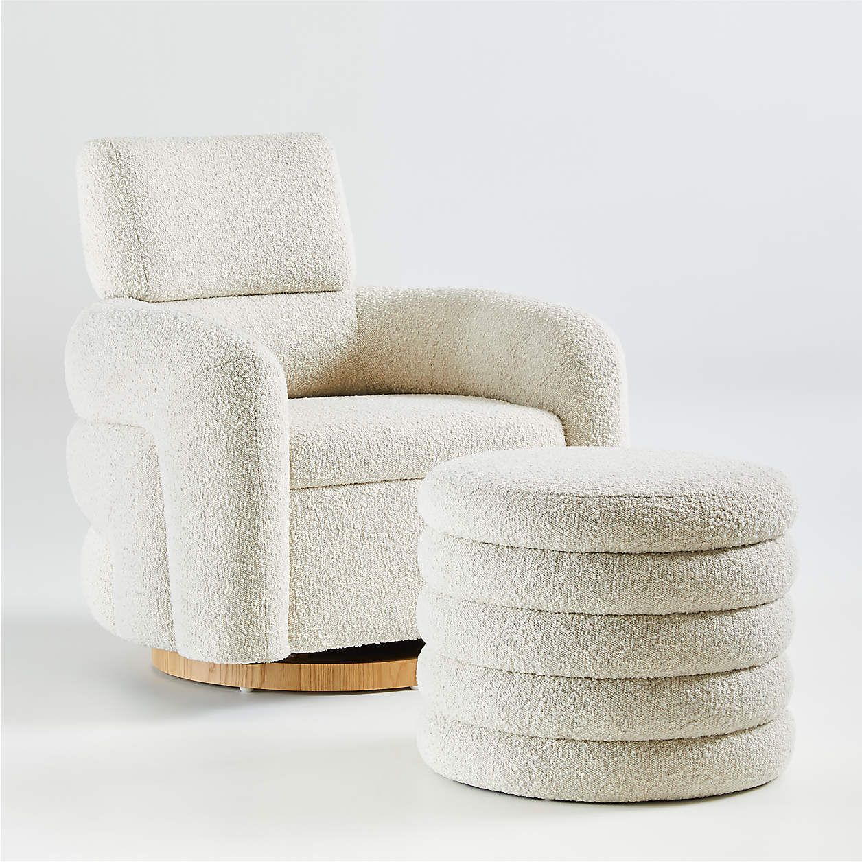 Snoozer Cream Boucle Nursery Swivel Glider and Storage Ottoman by Leanne Ford | Crate & Kids | Crate & Barrel