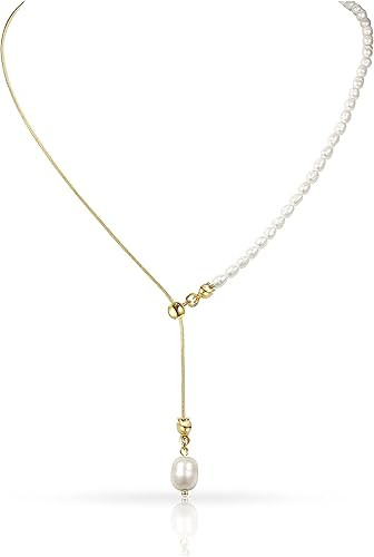 Cowlyn Pearl Pendant Necklace Y-Shaped Lariat Chain 14k Gold Plated Link Drop Long Charm Necklace... | Amazon (US)
