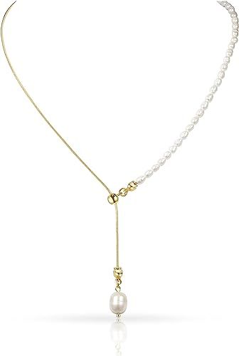 Cowlyn Pearl Pendant Necklace Y-Shaped Lariat Chain 14k Gold Plated Link Drop Long Charm Necklace... | Amazon (US)