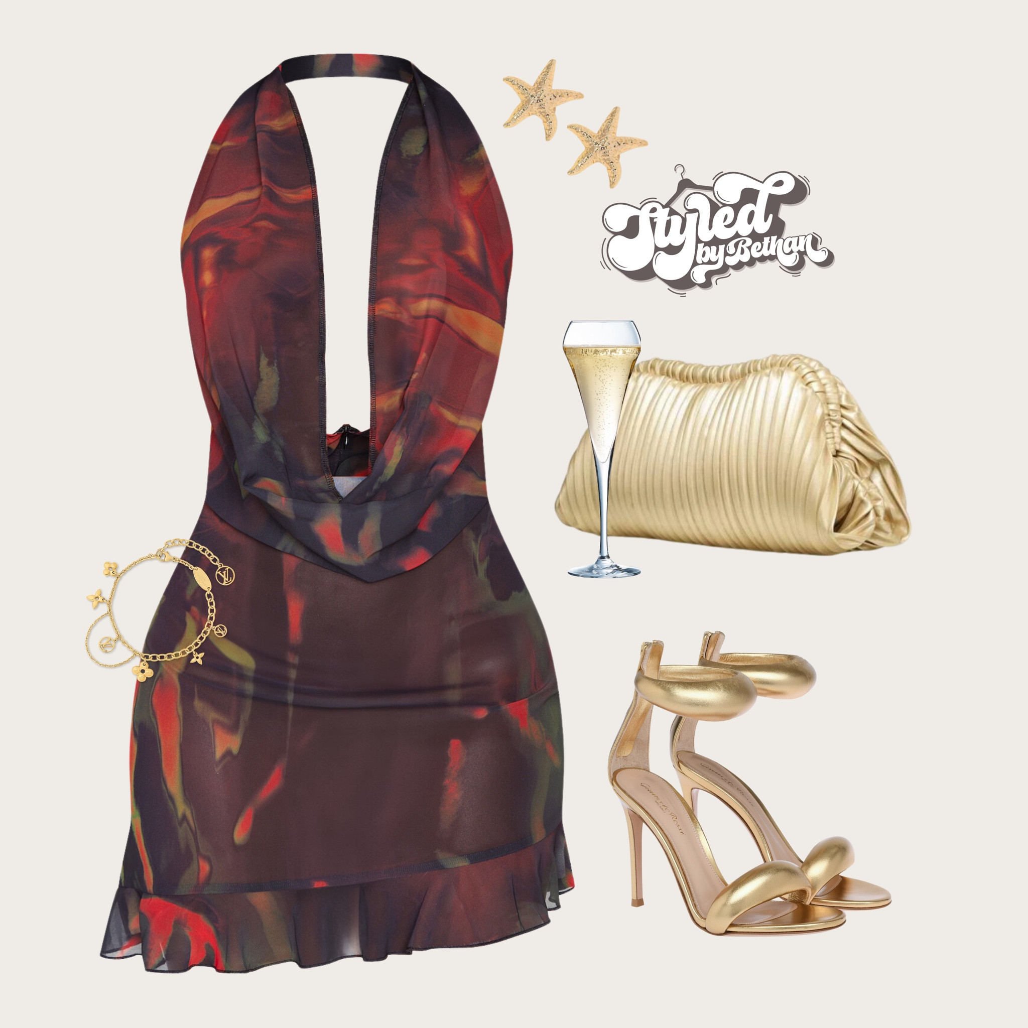 Date night 🥂tags: pretty little thing red printed cowl neck mini dress, gianvito rossi gold heels, shein gold starfish earrings, Louis Vuitton gold charm bracelet, shein gold clutch bag. Summer vacation, evening, date night, dinner and drinks, cocktails with the girls, clubbing, outfit inspiration inspo for city break.

#LTKsummer #LTKstyletip #LTKpartywear