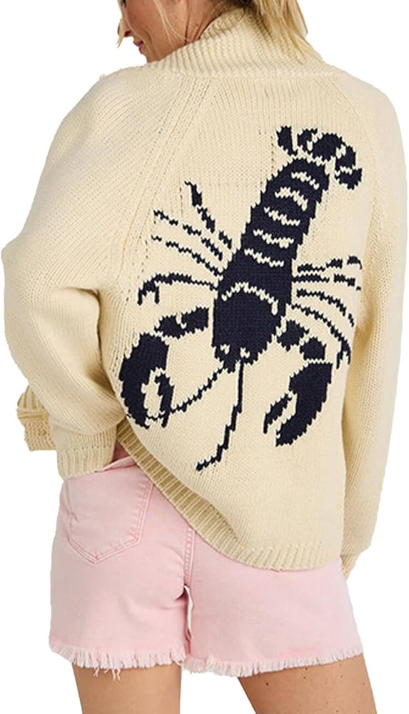 Women Lobster Sweater Cardigan Button Front Shawl Collar Chunky Knit Top with Pockets Fall Winter | Amazon (US)
