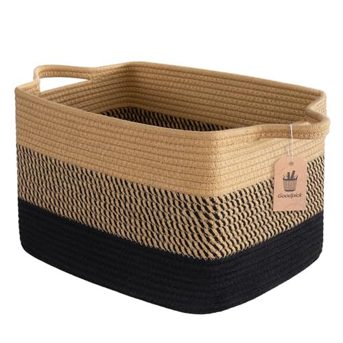Goodpick Woven Storage Baskets for Organizing, Cotton Rope Organizer for Living Room Bedroom, 13"x10"x9" Rectangle Dog Toy Basket with Handles, Stylish Gift Baskets Empty, Black & Jute | Amazon (US)