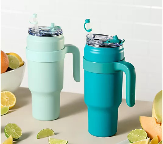 Primula Set of (2) 40-oz Tumblers w/ Handles and Straw Covers - QVC.com | QVC