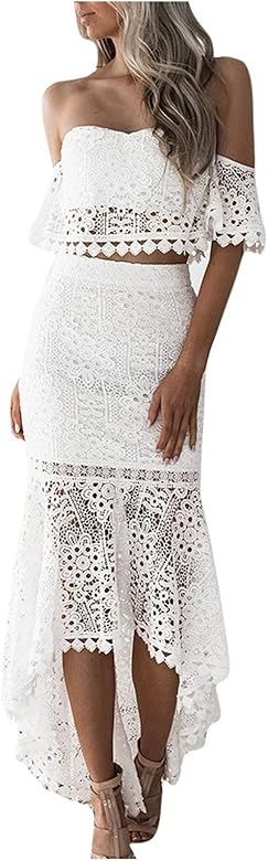 2 Piece Sexy Lace Skirts Set for Womens,Strapless Off Shoulder Tops + Bodycon Asymmetrical Hem Merma | Amazon (US)