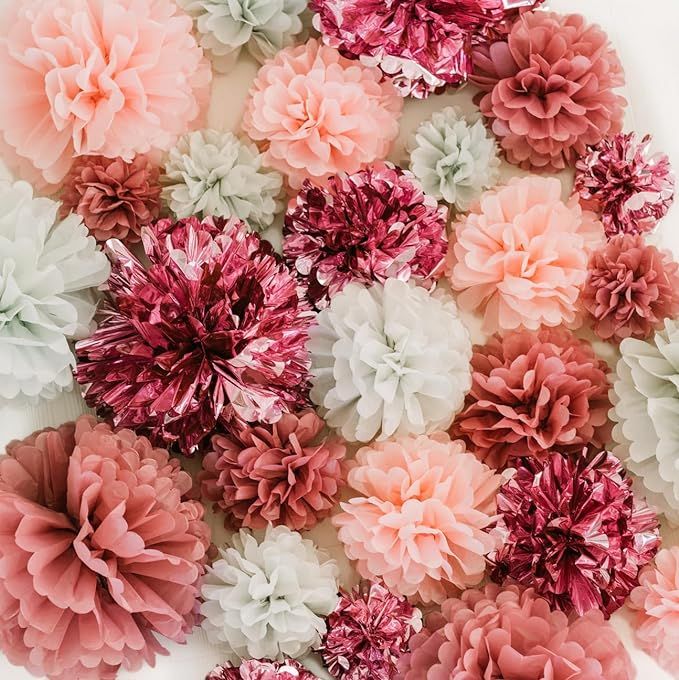 20 PCS Pink Rose Gold Party Decoration - Tissue Paper Pom Poms - Birthday Party Decoration - Baby... | Amazon (US)