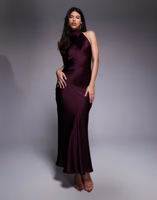 Gina Tricot high neck shawl satin maxi dress with open back in dark burgundy | ASOS (Global)