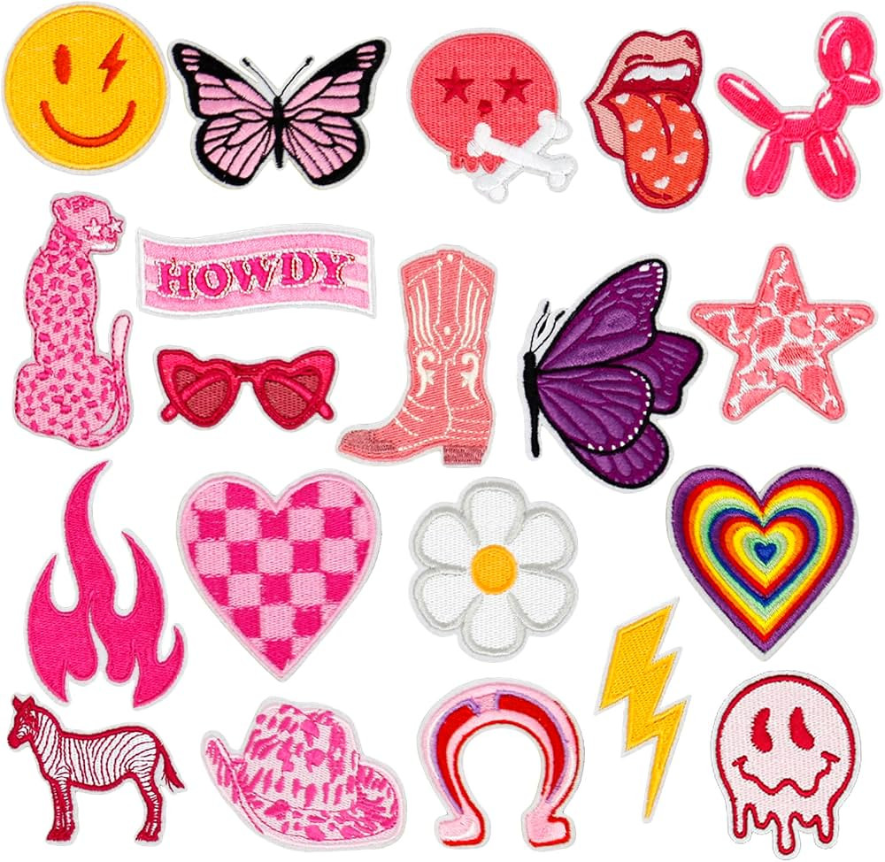 20Pcs Preppy Iron on Patches Pink Cowgirl Sew on Embroidered Applique Patches Y2K Repair Patch DI... | Amazon (US)