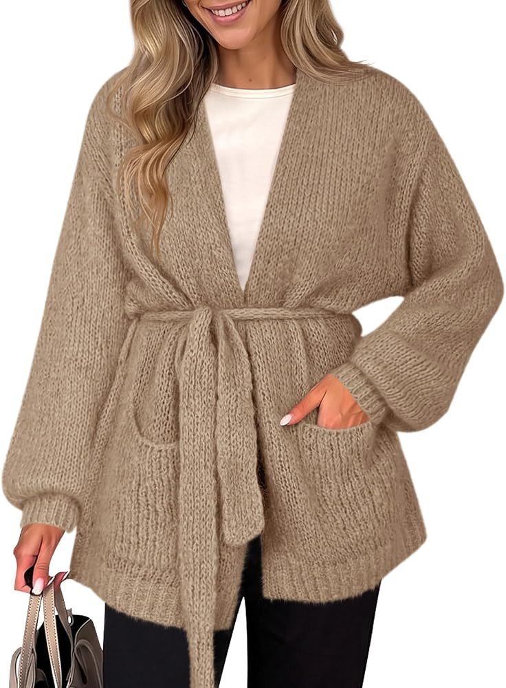 Saodimallsu Womens V Neck Belted Cardigan Sweaters Open Front Knit Coat | Amazon (US)