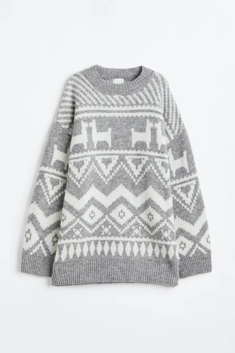 Long Jacquard-knit Sweater - Light gray/patterned - Ladies | H&M US | H&M (US + CA)