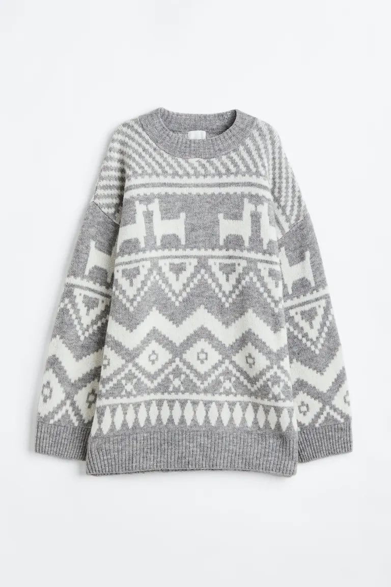 Long Jacquard-knit Sweater - Light gray/patterned - Ladies | H&M US | H&M (US)