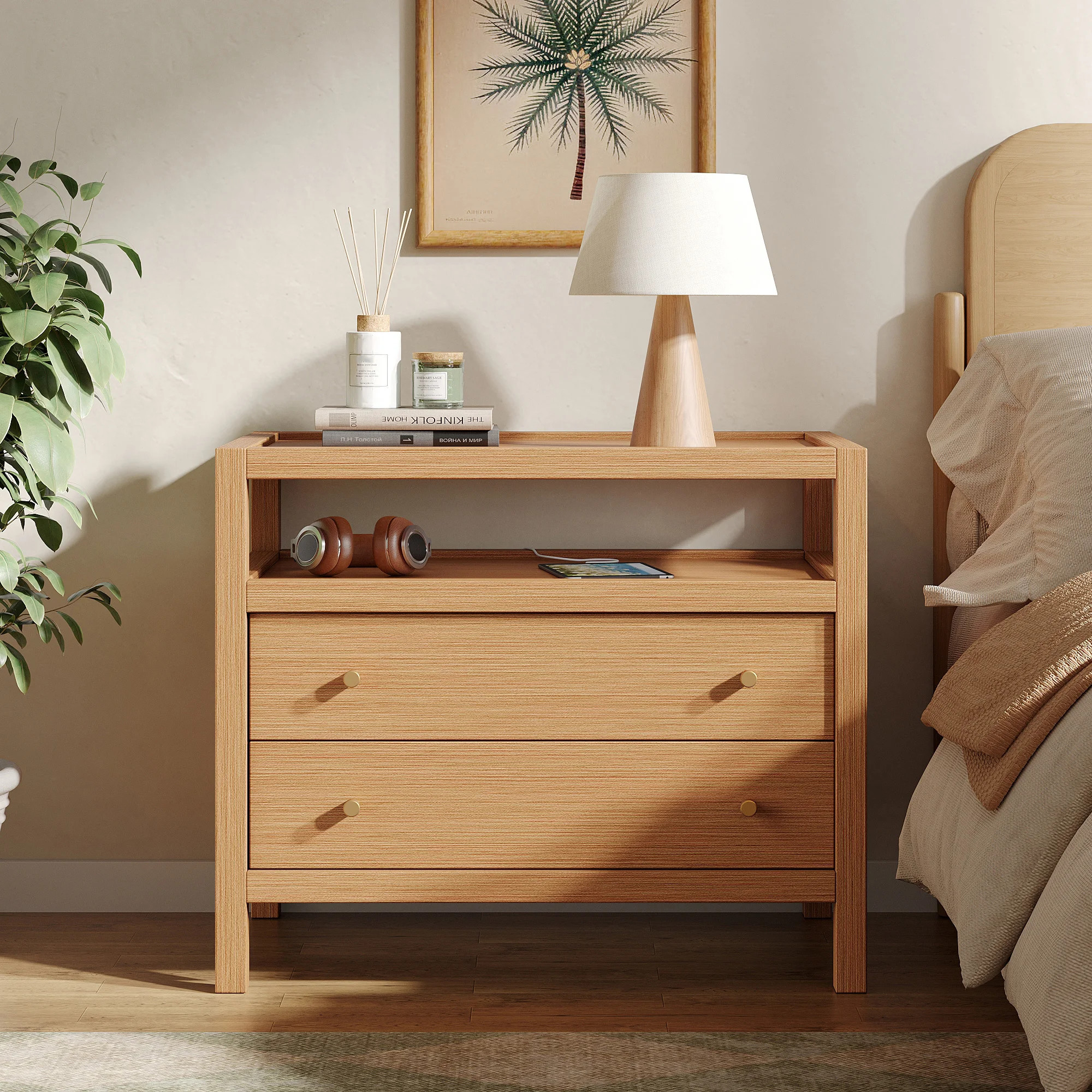 Nightstand with Metal Legs, Mid-Century Modern Bedside Table, 2 Drawer Soft Close | Wayfair North America