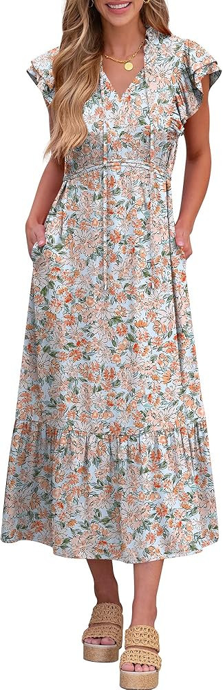ANRABESS Womens Summer Casual Dresses Cap Sleeve V Neck Maxi Dress Flowy A Line Tiered Boho Beach... | Amazon (US)
