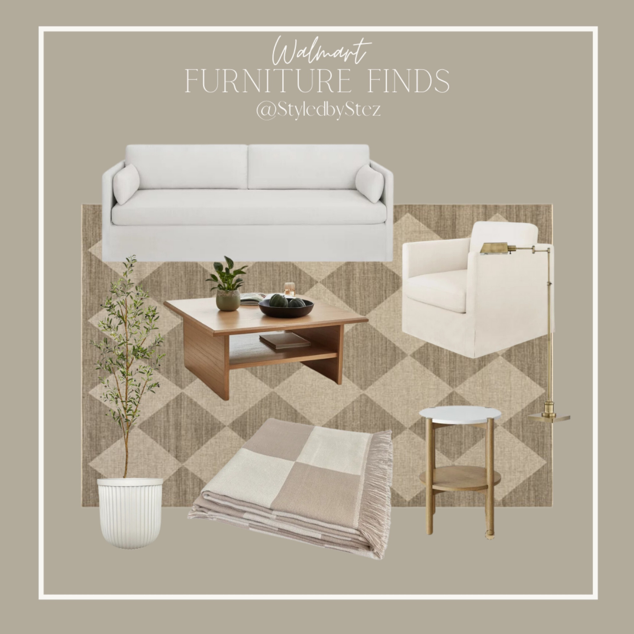 Walmart furniture, white couch, skirted accent chair, checkered throw. Olive tree, round side table, checkered rug, square coffee table 

#LTKhome