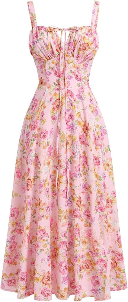 Women Floral Corset Dress, Boho Summer Spaghetti Straps Square Neck Casual Midi Dress Flowy Slit ... | Amazon (US)
