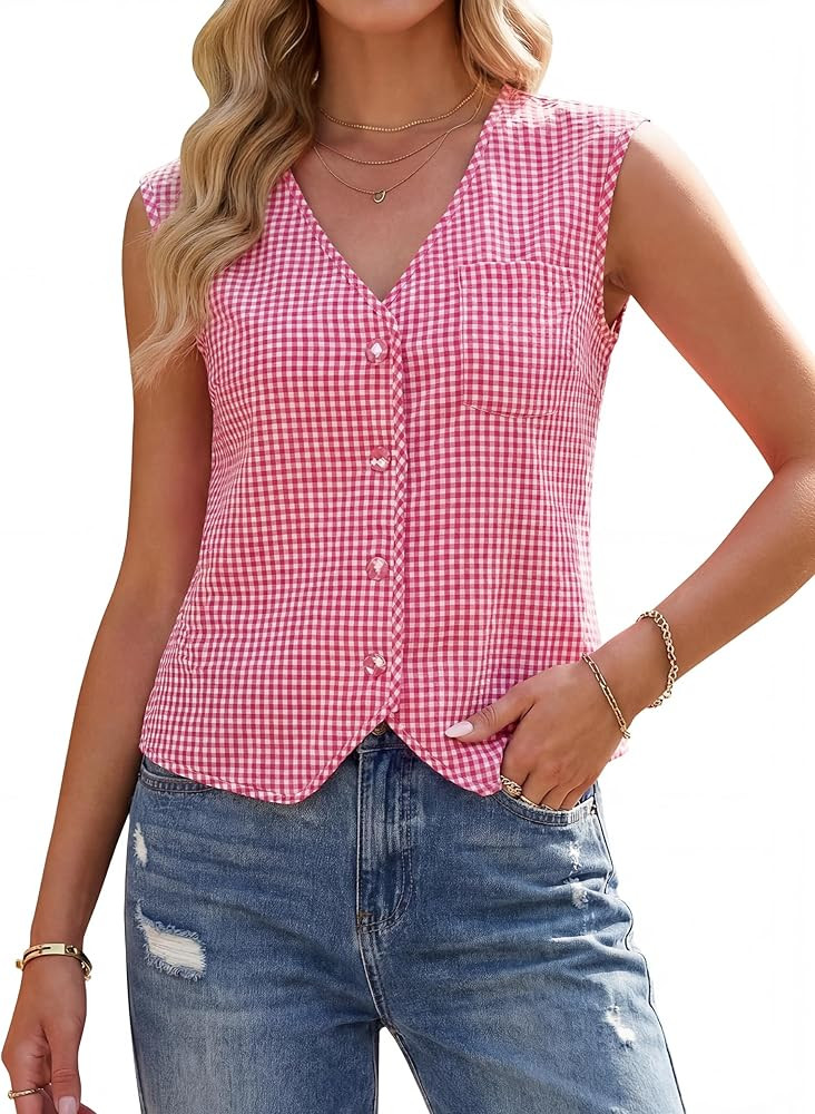 Blooming Jelly Womens V Neck Tank Tops Cute Sleeveless Shirts Gingham Vest Going Out Tops Trendy ... | Amazon (US)