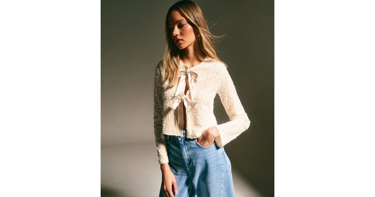 Cream Velvet Sequin Embellished Tie Front Cardigan | New Look | New Look (UK)