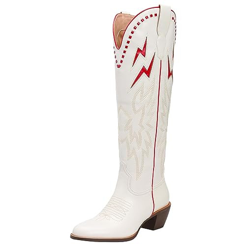 GORBINETI Western Cowboy Boots for Women Knee High City Cowgirl Boots Western Embroidered Pull On Pointed Toe Chunky Heel Retro Tall Boot Contrast Lightning Stutch Boots White Size 8 | Amazon (US)