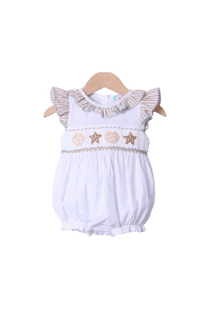 Smocked Starfish White Swiss Dot Ruffle Bubble | The Smocked Flamingo