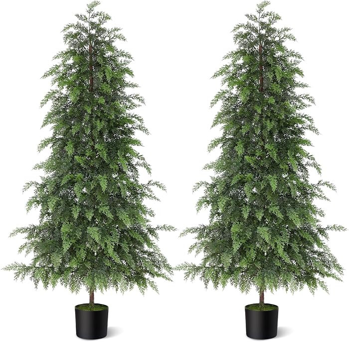 5FT Real Touch Cedar Topiary Trees for Front Porch Decor, Artificial Shrubs Faux Plants Potted UV... | Amazon (US)